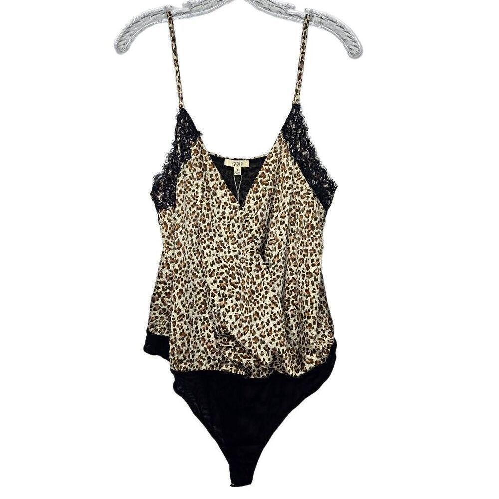 Kori America Leopard Print Satin Spaghetti Strap Bodysuit Size Large